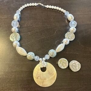 Vintage Beaded Faux ? Pearl & Mother of Pearl Necklace Clip On Earrings